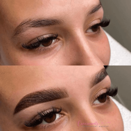 Brow tint before and after results showing enhanced, fuller brows.