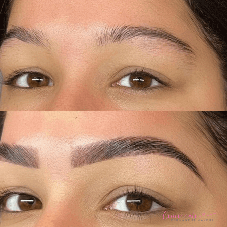 Brow tint before and after results showing enhanced, fuller brows.