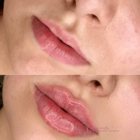 Lip blushing before and after results showing beautifully tinted and defined lips.