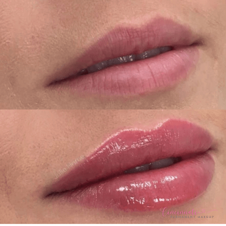Lip blushing before and after results showing beautifully tinted and defined lips.